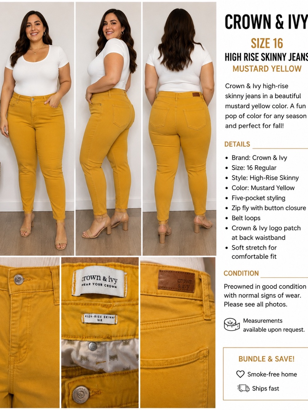 Crown & Ivy Size 16 High Rise Skinny Jeans Mustard Yellow Stretch Pants